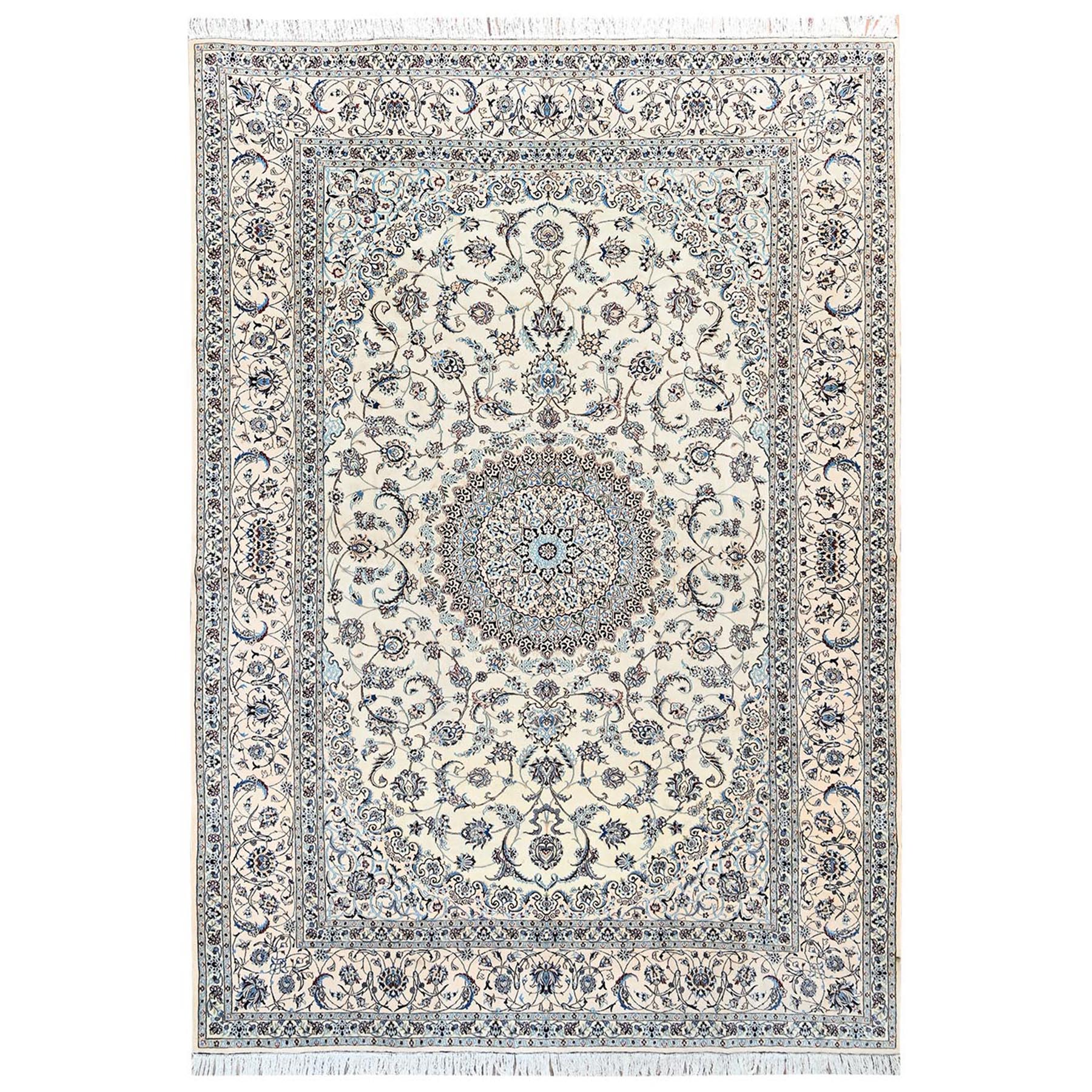 9'6"x13'10" Cream White, Persian Nain with Flower Medallion Design, Wool and Silk, Hand Knotted, 400 KPSI, Oriental Rug 